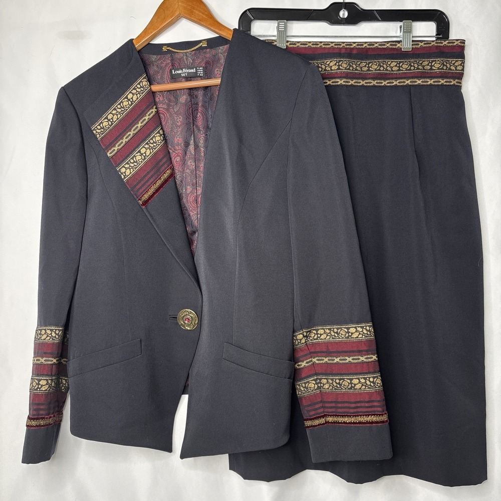Vtg Louis Feraud 10 Wool Blend‎ Skirt Suit Set French Couture Quiet Luxury 1980s